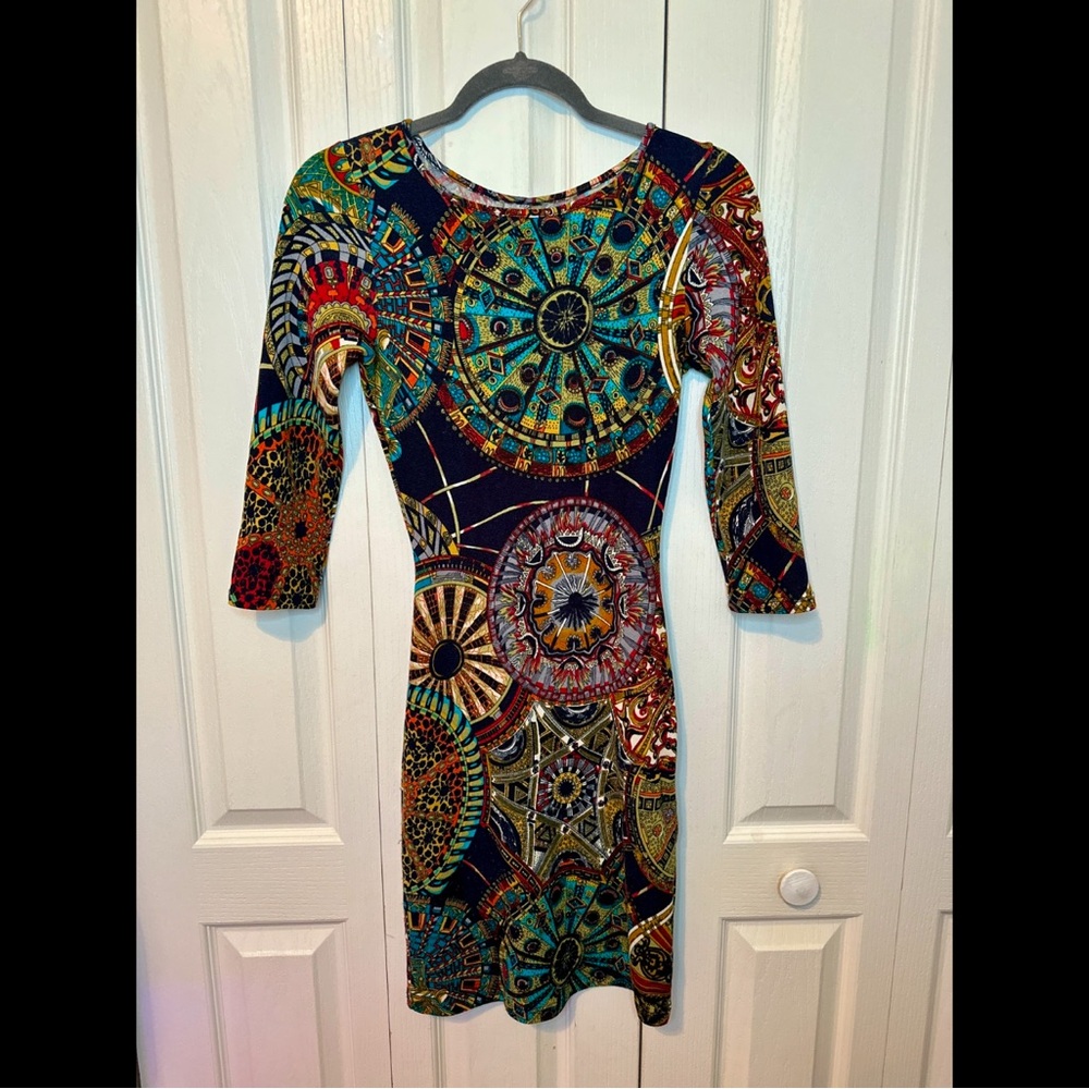 Event/ Multicolored knee-length sheath dress with 3/4 sleeves for cocktail (S)